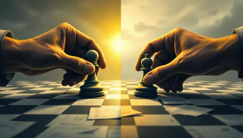 Two hands play a strategic game balancing a microphone and a shadowed figure.