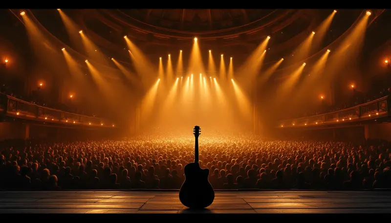 A lone guitar on a historic stage faces a stunned, sold-out crowd in golden light.