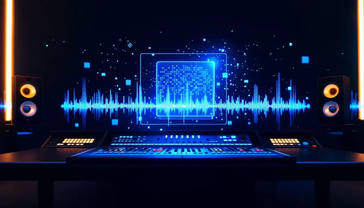 AI music generation interface glowing with sound waves, surrounded by legal documents and copyright symbols