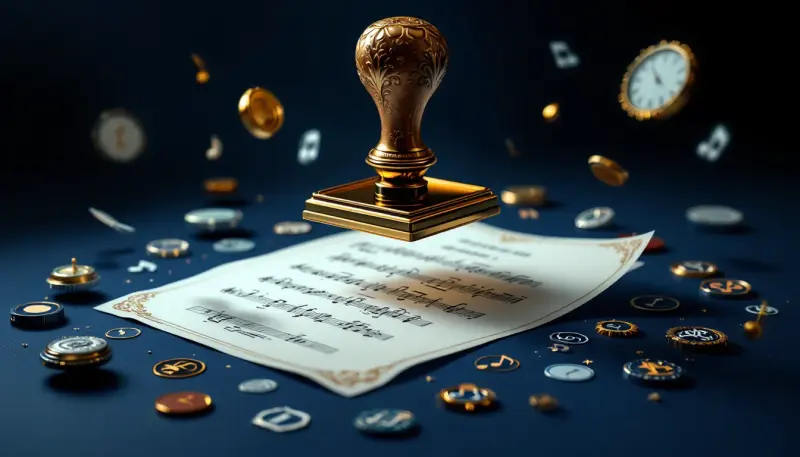 A golden stamp hovers just above a music document, never sealing it officially.