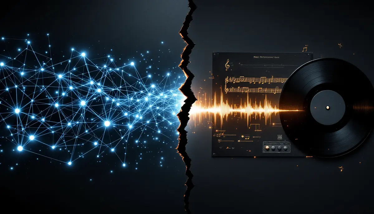 Music notes and sound waves dissolving into glowing neural network nodes on a dark digital background.