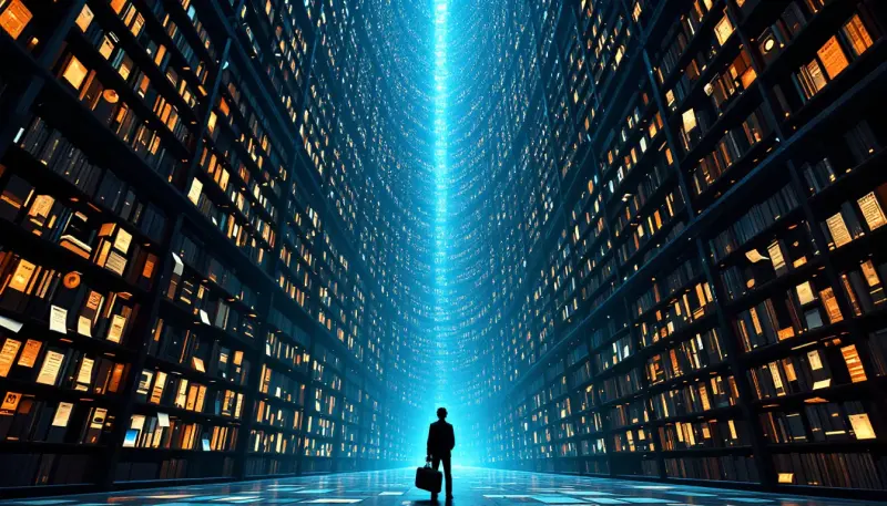 Tiny musician silhouette dwarfed by infinite glowing archive of four million musical works