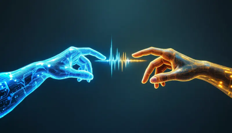Digital AI hands and warm human hands reaching toward a dissolving contract amid sound waves.