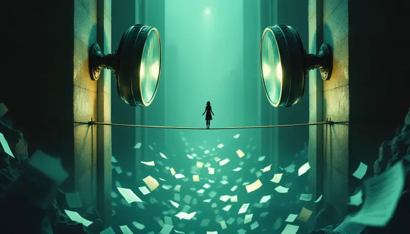 Silhouetted figure balancing on tightrope between two imposing buildings while scrutinized from both sides