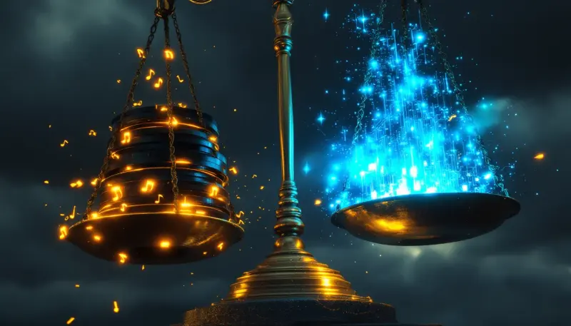 A scale of justice balancing glowing vinyl records against a glowing circuit board