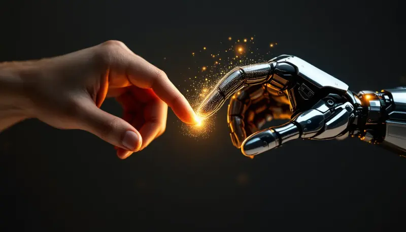 A human hand and a robotic hand reach toward each other, with a scale tipping human.