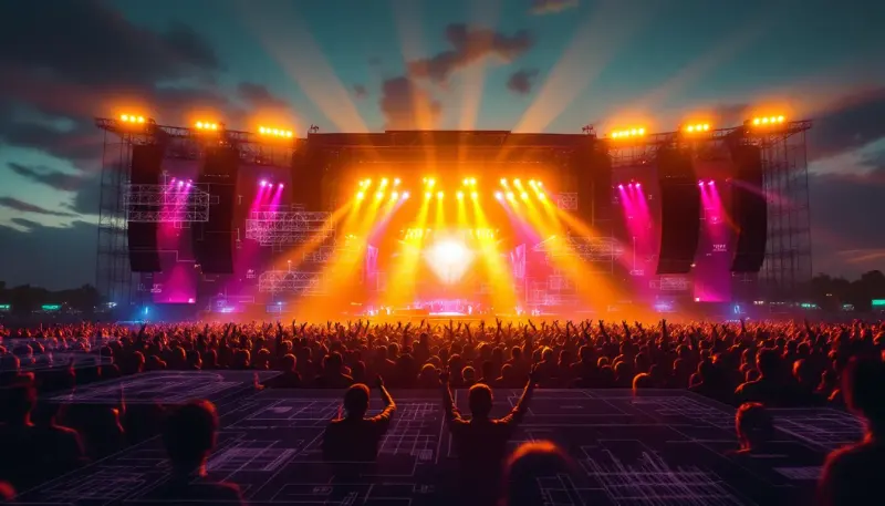 Vast Indian concert crowd overlaid with infrastructure blueprints symbolizing capital investment in live music