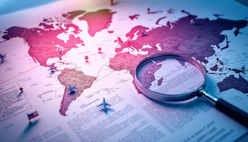 Magnifying glass over touring contract fine print laid across global map with flag pins