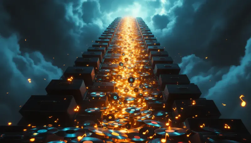 Enormous filing cabinet overflowing with glowing musical notes and vinyl records reaching storm clouds