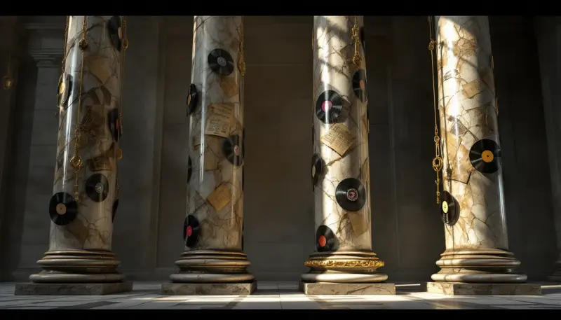 Four towering marble pillars symbolizing major music industry powers, fourth being raised