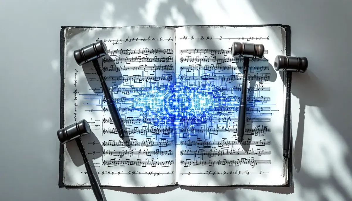 Music notes and legal documents merging with an AI circuit brain graphic symbolizing copyright lawsuit battle.