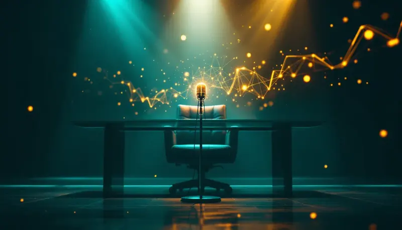 An empty executive chair receding into shadow as a spotlit microphone merges with AI neural patterns