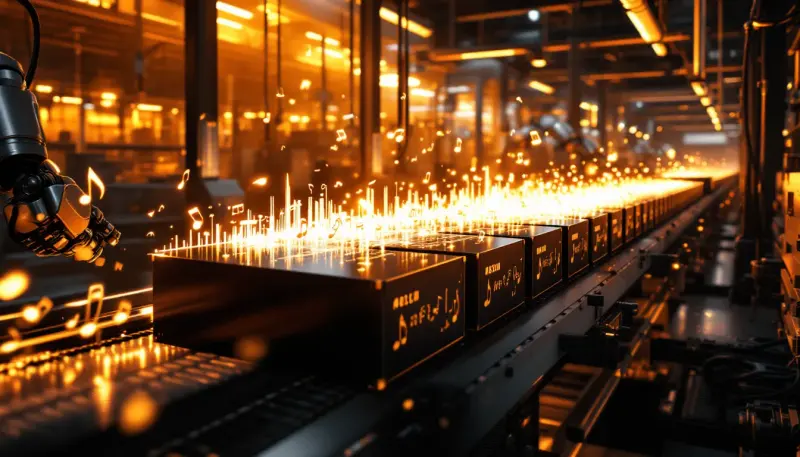 Robotic arms on a factory conveyor belt packaging glowing musical notes into boxes
