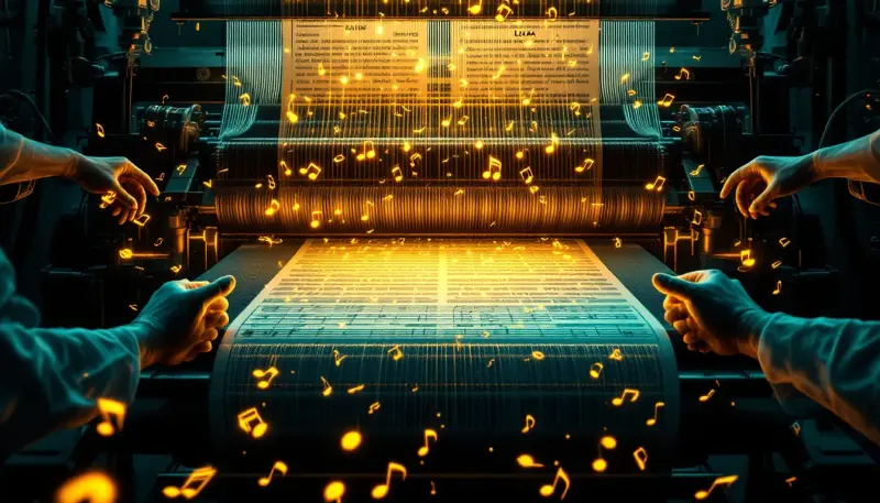 A mechanical loom weaves music notes and legal documents into one glowing fabric