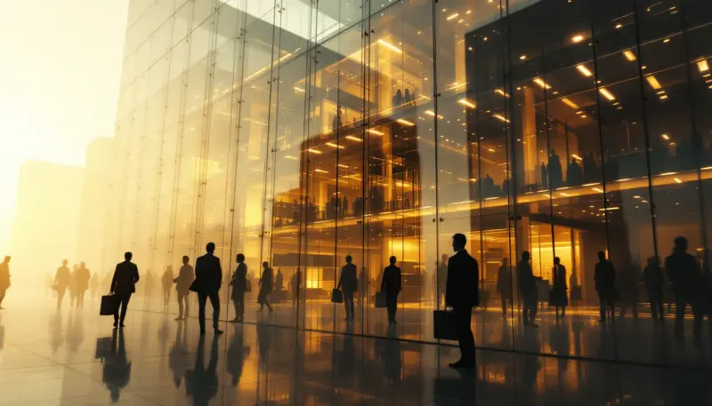 Two translucent corporate buildings merging together with overlapping ghostly silhouetted workers inside