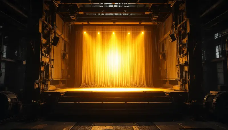 An abandoned industrial loom weaving a glowing concert spotlight inside a cathedral-like factory