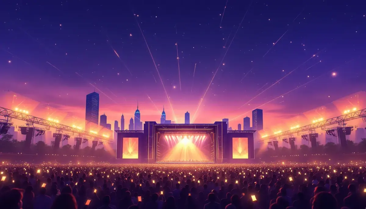 Private equity executives in suits reviewing concert venue blueprints against a vibrant, crowded Indian live music festival backdrop.