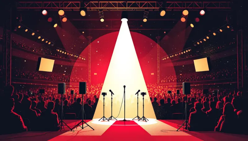 A concert stage and movie set merge symbolizing the blurring of music and film careers