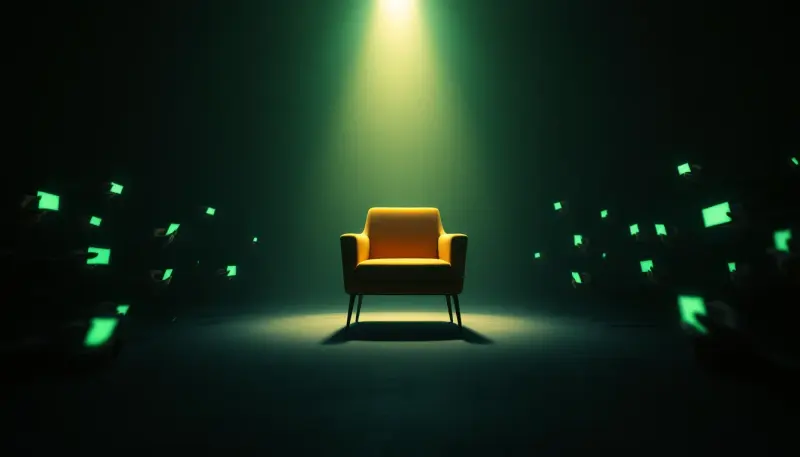 Glowing devices surrounding an empty spotlight chair in a dark surreal void
