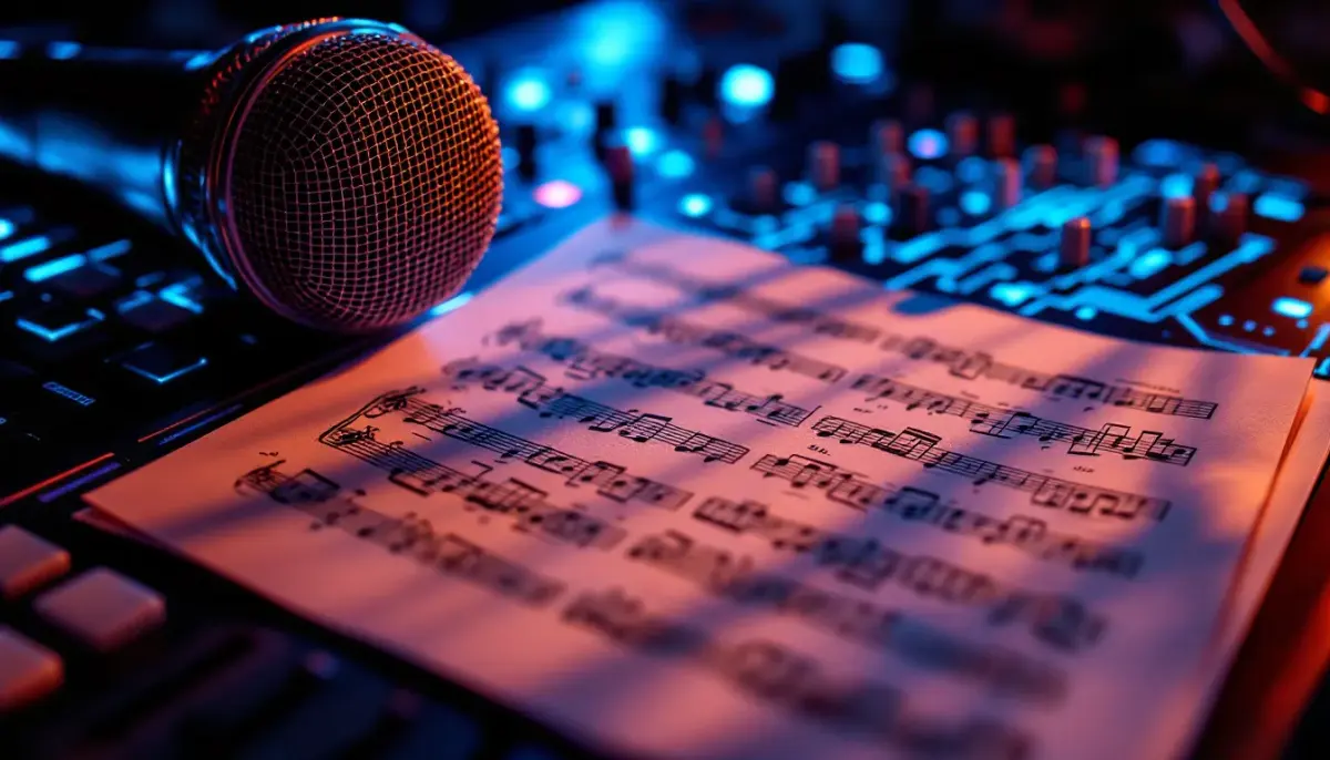 Musicians' hands playing instruments overlaid with digital AI circuit patterns, symbolizing technology threatening artist royalties.