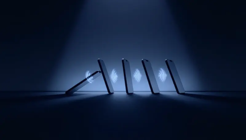 A row of glowing smartphones topples like dominos in dramatic spotlight.