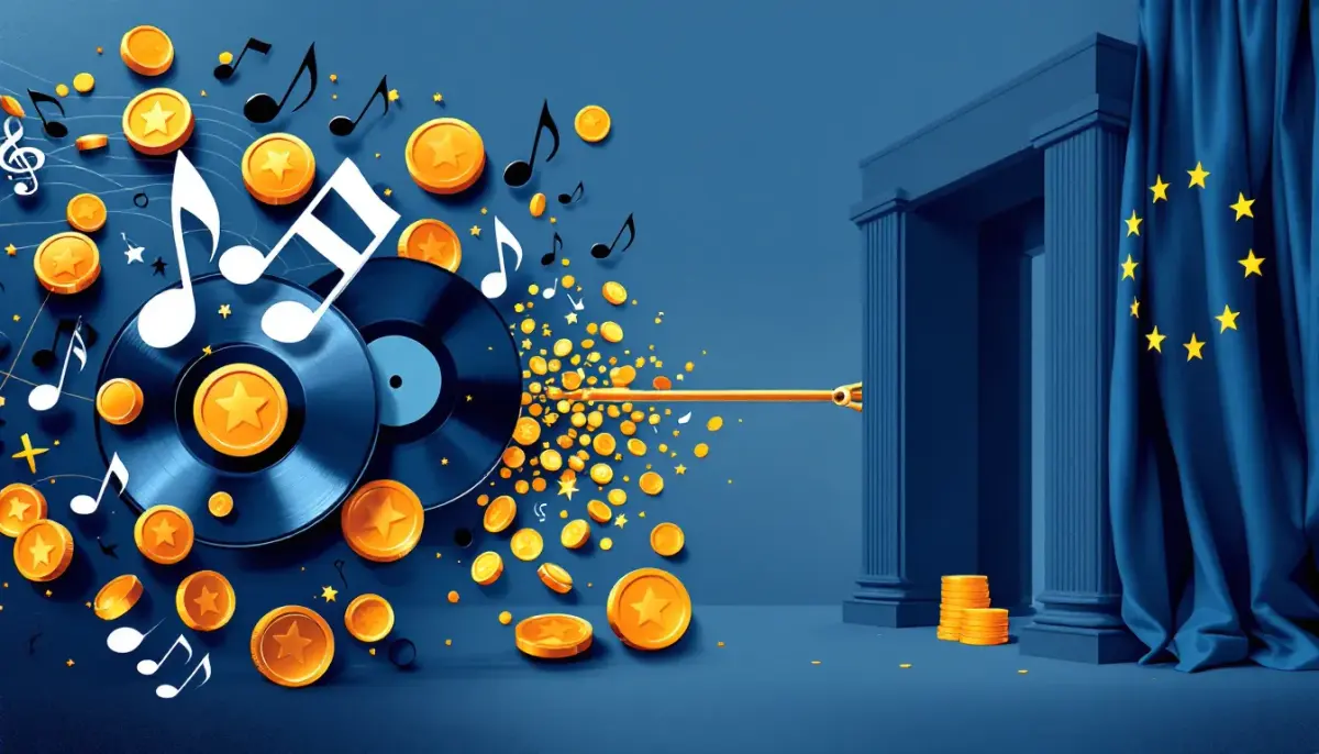 Music notes and EU and US flags facing off, representing a transatlantic copyright dispute over artist royalties.