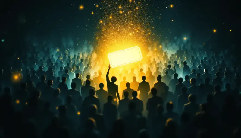 Thousands of fading silhouettes reach for a single glowing golden ticket in darkness