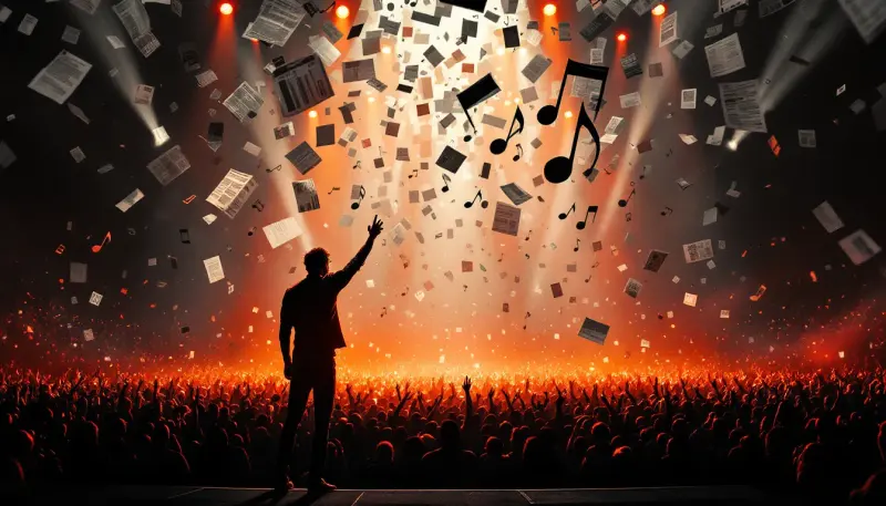 Silhouetted performer faces massive crowd under tension-filled, smoke-laden concert lights.