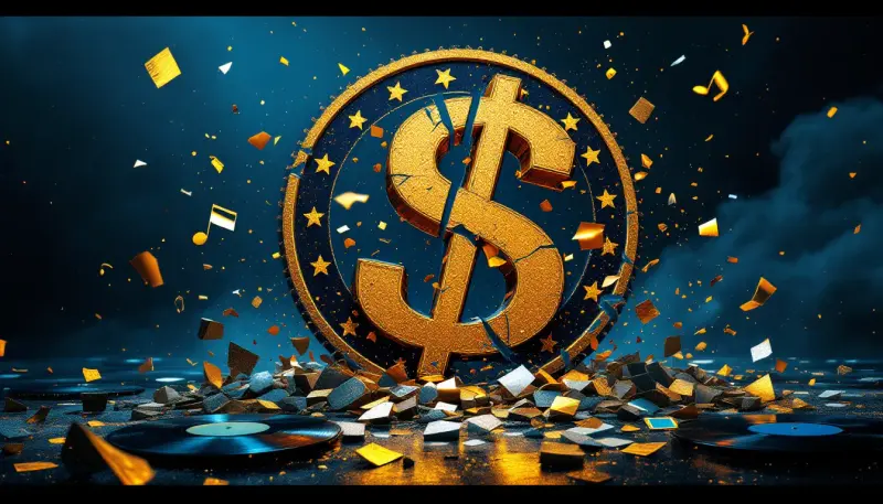 A EU stamp crushing a crumbling dollar sign surrounded by scattered musical notes
