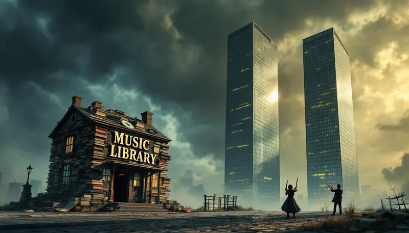 A tiny record library building fires slingshots at two towering corporate skyscrapers in a storm