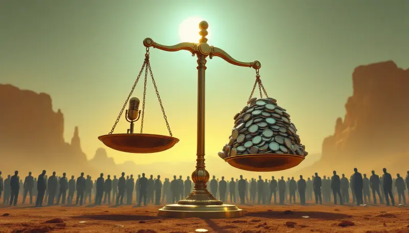 Giant tilted scale weighs small microphone against crushing mountain of silver coins
