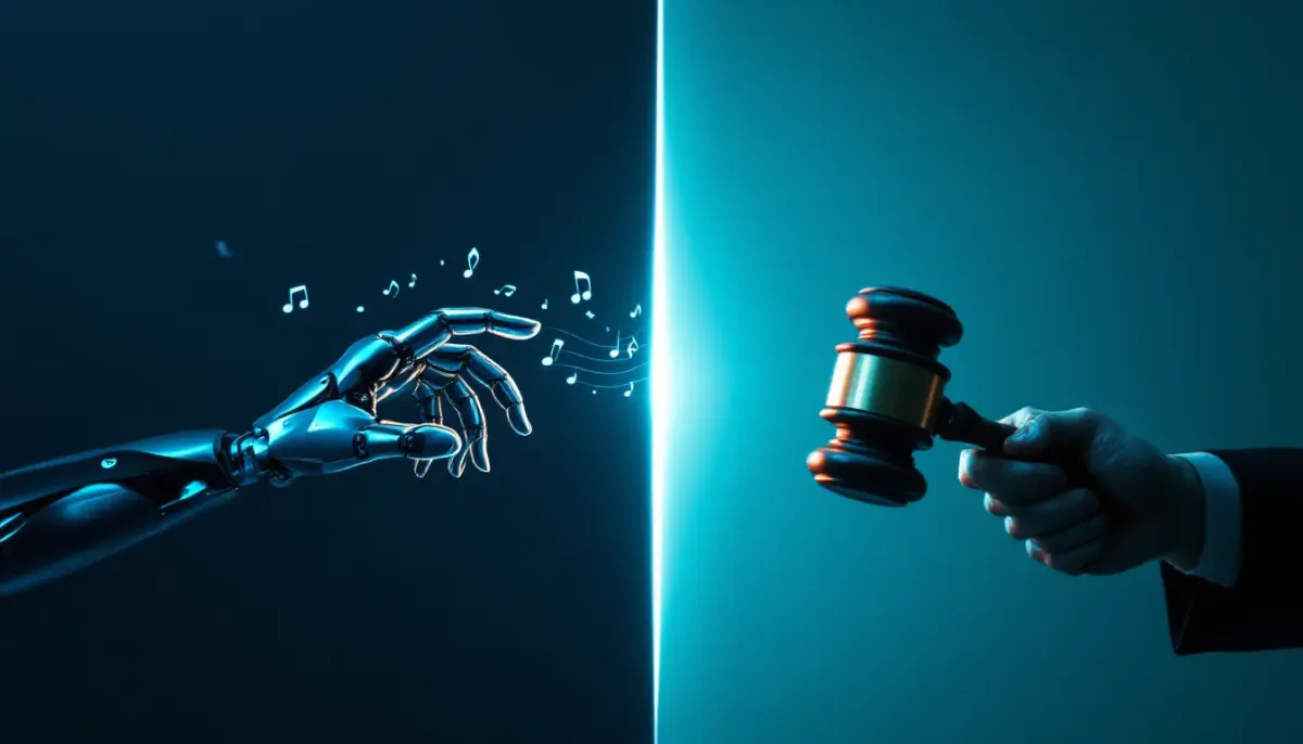 Music notes and AI circuit patterns colliding, symbolizing legal battle between artificial intelligence and music copyright.
