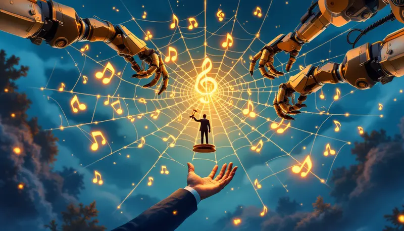 Robotic arms harvest musical notes from a web while a small gavel holds the center