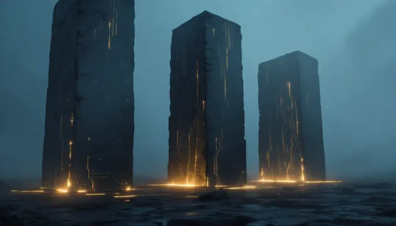 Three glowing stone pillars locking into place, representing unified publishing industry alignment