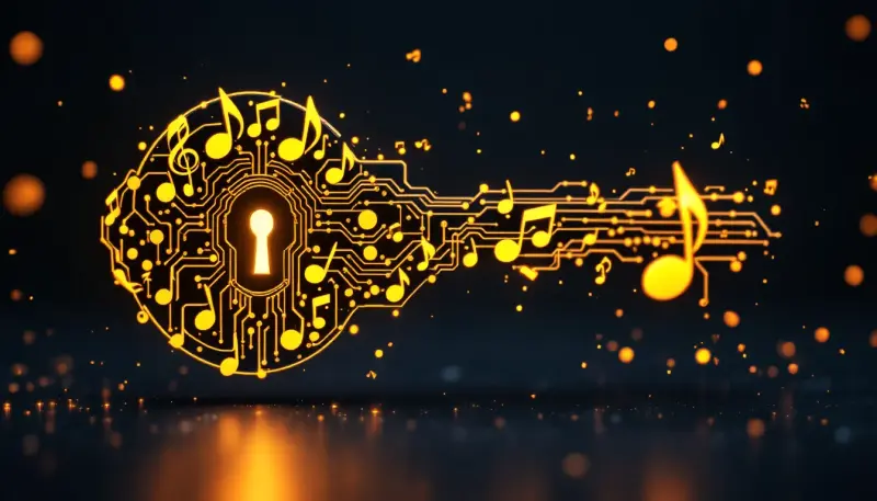 A golden music-note key unlocking a futuristic AI circuit board representing patent licensing