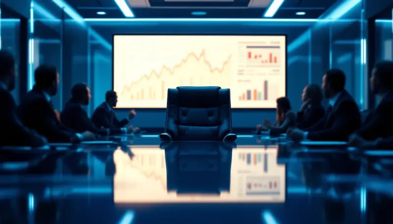 Empty executive chair at head of corporate boardroom table surrounded by concerned figures