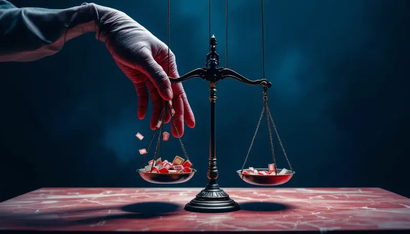 A giant puppet hand tilts a courtroom justice scale overflowing with concert tickets