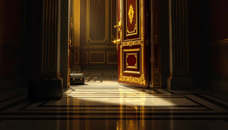 A golden courthouse door left ajar with a briefcase on the threshold, implying unfinished business