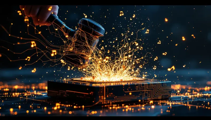 A judicial gavel shatters an AI machine built from stolen musical notation and sound waves