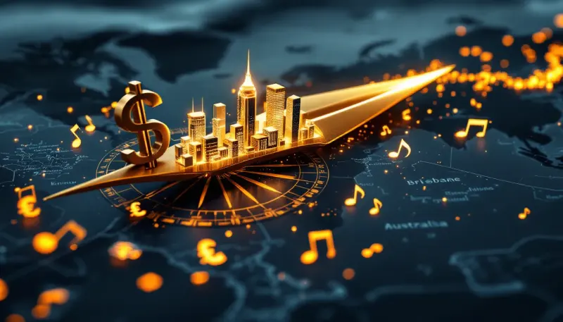 Golden compass pointing toward Brisbane skyline with music notes and currency flowing inward