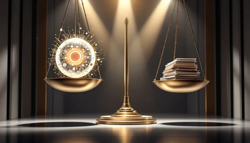 Scales balancing digital AI music against traditional recorded music formats in concert hall