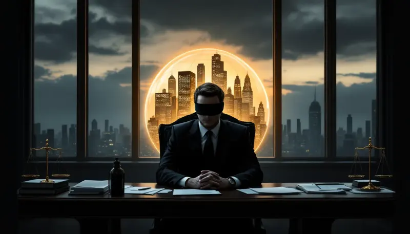 A blindfolded regulator sits unaware as a city is enclosed in a corporate dome