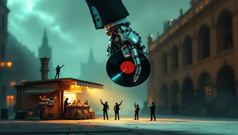 A massive corporate hand removing records from a small independent musician's stall unnoticed