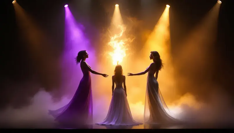 Three glowing feminine silhouettes on a dark stage symbolizing musical generations passing a torch