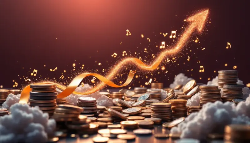 Golden financial waves made of musical notes and euro coins surge over miniature theater seats