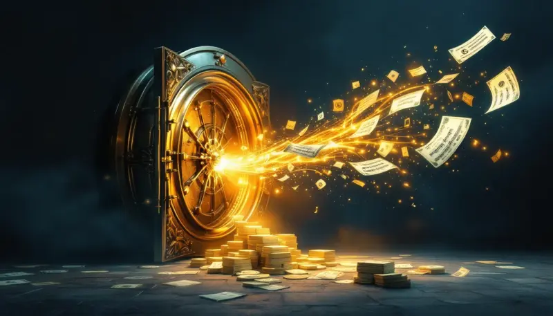 An open vault releases sheet music that morphs into golden currency, symbolizing catalog monetization