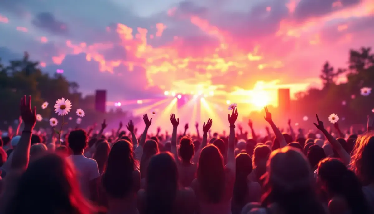 Olivia Rodrigo performing on a sunlit outdoor festival stage surrounded by colorful daisy decorations and enthusiastic fans.