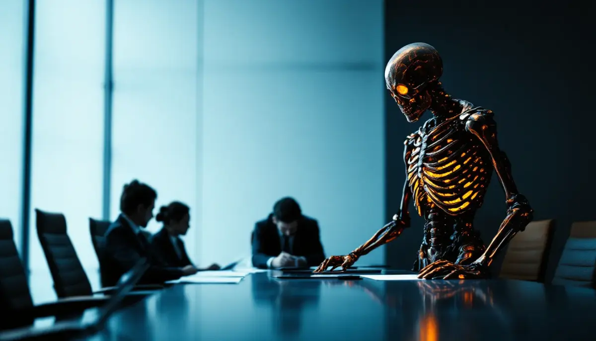 Iron Maiden's skeletal mascot Eddie in full costume under dramatic stage lighting at a live concert.