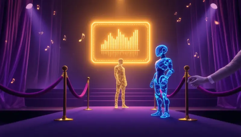 A human musician enters an exclusive chart venue while a robot is turned away at the velvet rope.