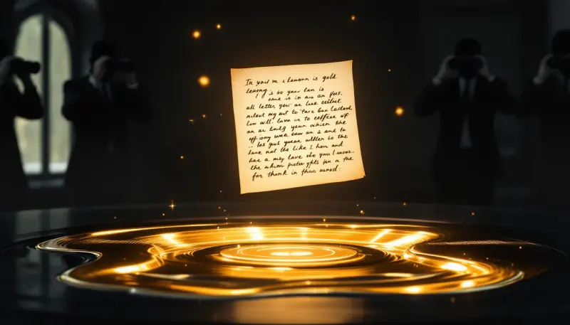 A gold record dissolves while a glowing letter commands attention from watching industry figures